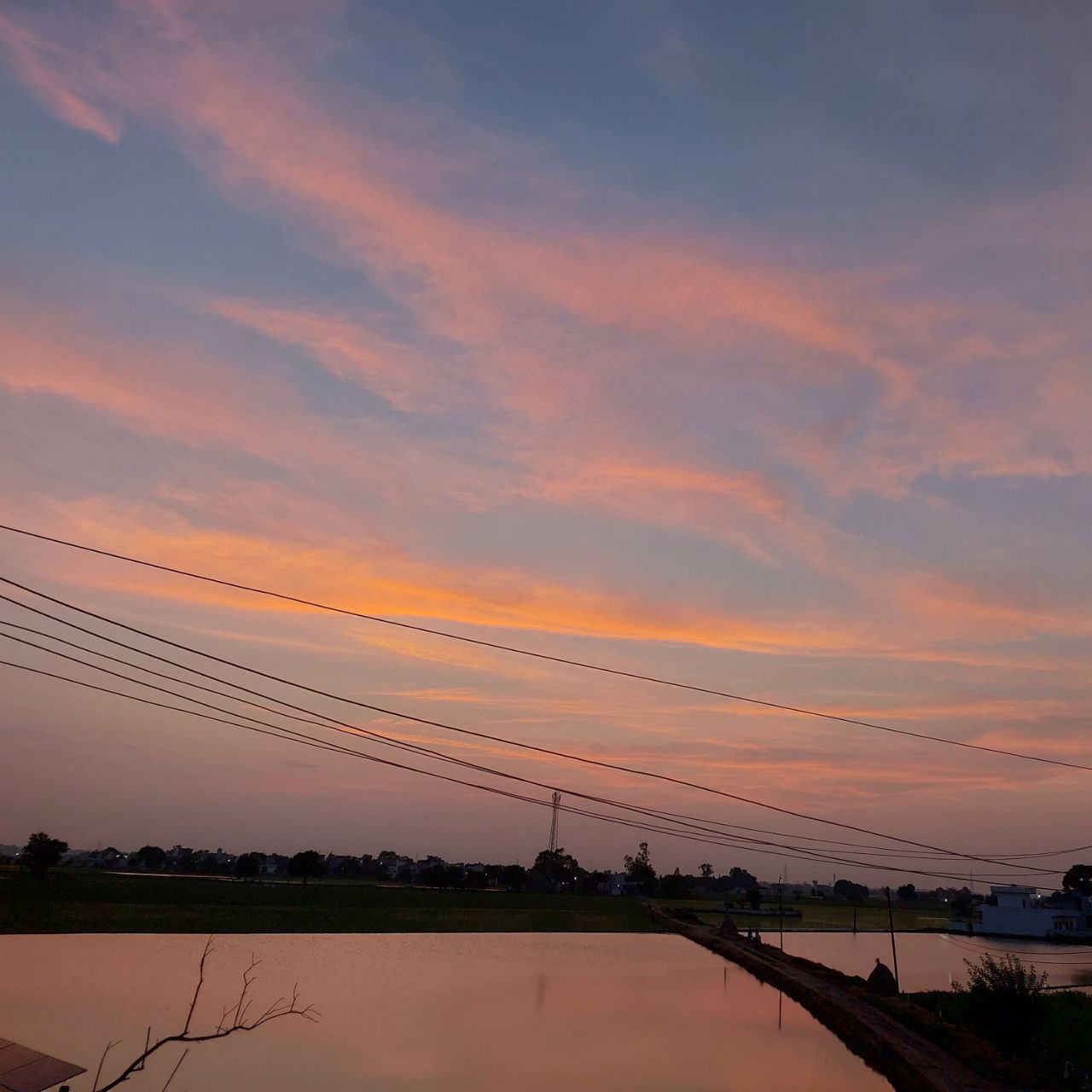 Pink and orange sunset sky above a calm Village water pond with power lines, peaceful evening