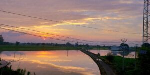Sunset over village pond and fields with golden reflection in water - best landscape photography and natural scenic photography