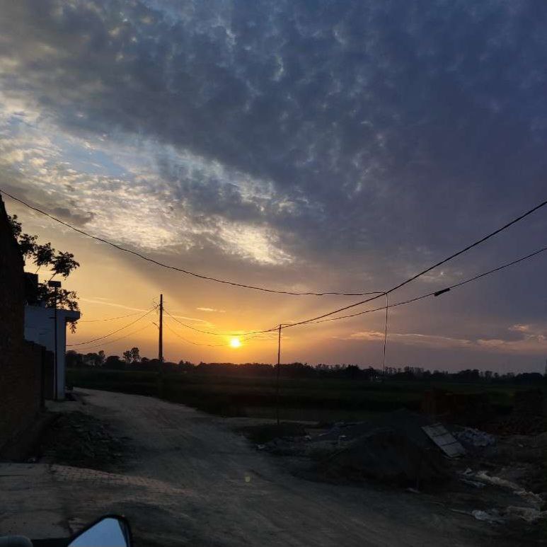 Striking scene of an orange and purple sunset behind rooftops and powerlines, moody evening sky photography for Golden Landscapes gallery